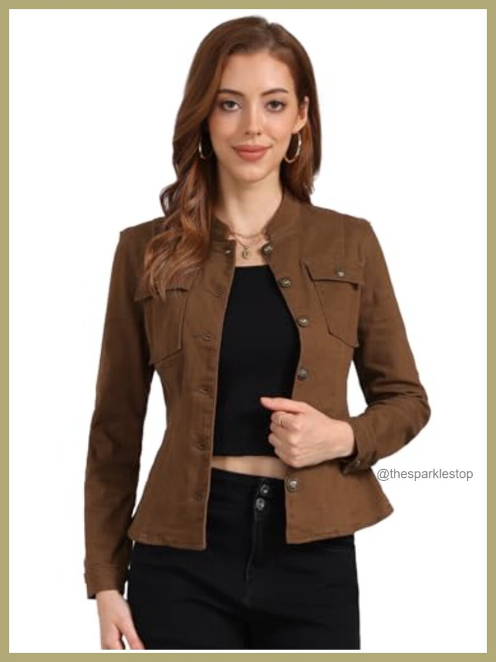 Classic Stand Collar Long Sleeve Jean Jacket with Stretch Cotton Blend